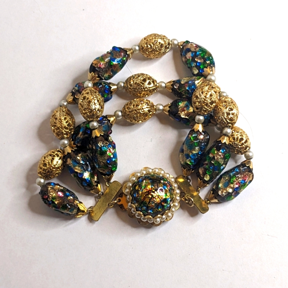 Vintage Napier Signed Beaded Bracelet – Foil Glass & Filigree Beads RARE - Picture 2 of 11